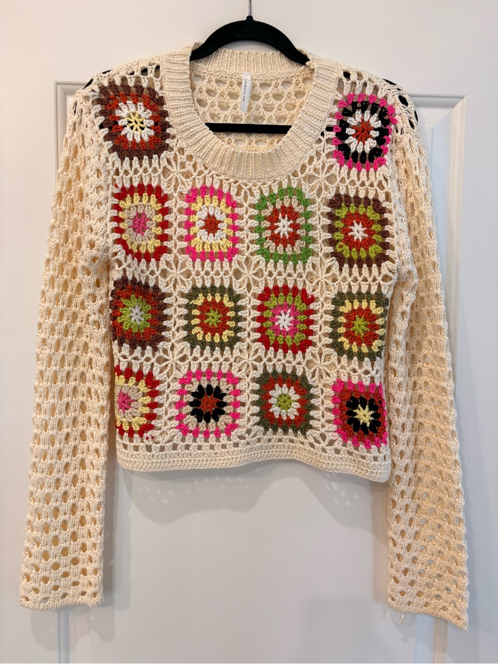 debut Cream Open-Knit Crochet Sweater with Black Trim